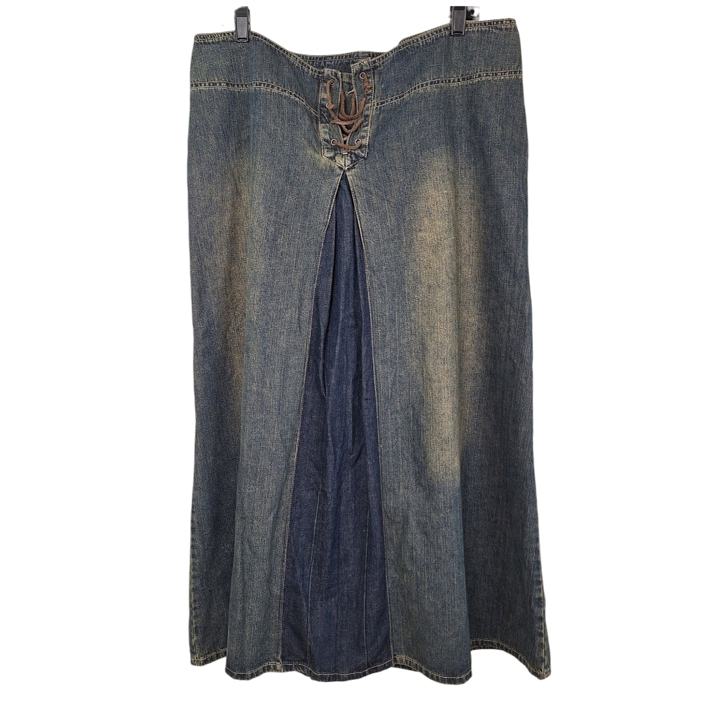 Vintage Western Z Cavaricci Two Tone Rustic Wash 100% Cotton Denim Midi Skirt 14